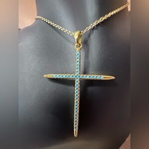 Elegant Gold With Turquoise Color Cross Pendant 16” Necklace